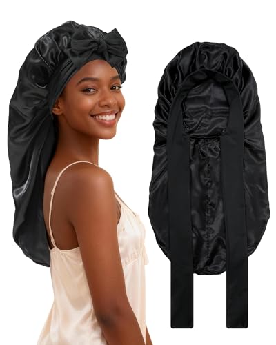 AWAYTR Long Satin Bonnet for Braids - Elastic Silk Hair Bonnets for Sleeping Night Cap Stretchy Tie Band for Women（Black） - color: Black