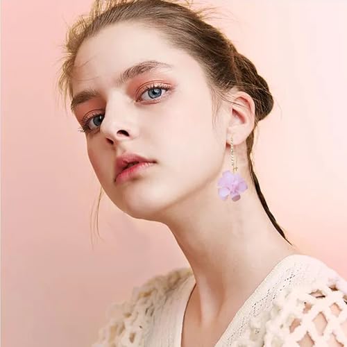 Boho Flower Dangle Earrings for Women Long Drop Resin Acrylic Tiered Petal Statement Earrings Handmade Lightweight Vintage Floral Chunky Drop Jewelry - color: Pink