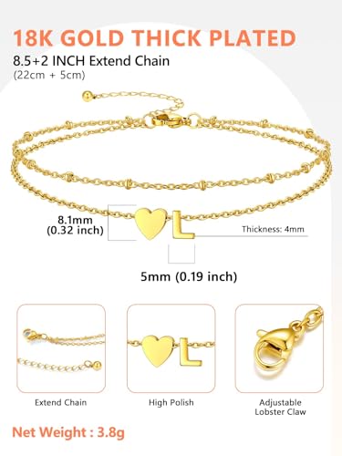 Silvora Ankle Bracelets for Women Waterproof 14K Gold/Silver/Black Initial Anklet for Women Dainty Layered Heart Ankle Bracelets Stainless Steel Adjustable Foot Chain Anklet Summer Beach Jewelry - color: Gold-14K Gold Plated, size: 12.L
