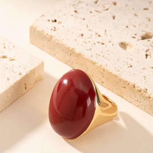 Kokoma Geometric Oval Statement Ring for Women Minimalist Open Adjustable Ring Gold Plated Bold Dome Cocktail Rings Promise Anniversary Band Jewelry - color: Red