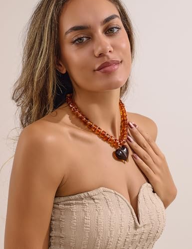 WOWORAMA Chunky Heart Necklaces for Women Colorful Resin Beaded Choker Necklace Gold Puffy Heart Statement Necklace Trendy Acrylic Choker Jewelry - color: Brown