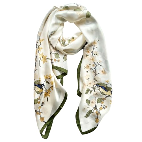Long Silk Like Scarf Lightweight Satin Scarves Large Sunscreen Shawl Wrap for Women - color: 005.birds and Flowers Beige
