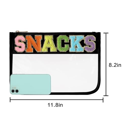 DYSHAYEN Chenille Letter Clear Zipper Pouch for Travel,Nylon Clear Cosmetic Bag,Makeup Travel Bag for Women Girls 11.8 Inches x 8.2 Inches - color: Black-Snacks