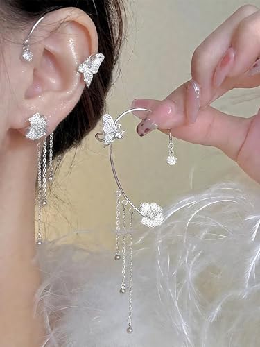 2Pcs Rhinestone Butterfly Earrings Ear Cuffs Non-Pierced Fake Earrings Butterfly Climber Wrap Around Earring Dainty Adjustable Ear Clip Jewelry for Women - color: Style2-silver