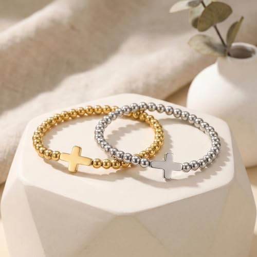 Matching Bracelets for Couple,Gold Silver Beaded Heart Couples Bracelets,Raomantic Relationship Promise Jewelry Gifts for Her - color: Cross
