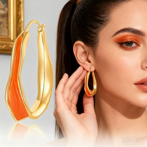 Chunky Hoop Earrings for Women Thick Minimalist Geometric Huggie Hoop Earrings Dainty Thick Y2K Preppy Earrings - style: irregular wave orange
