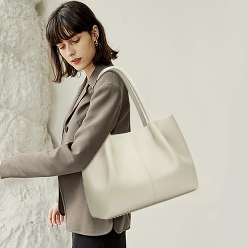 KKXIU Tote Bag for Women Vegan Leather Shoulder Purse Large Capacity Travel Bag - color: Cream White