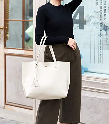 Dreubea Women's Soft Faux Leather Tote Shoulder Bag from, Big Capacity Tassel Handbag - color: Beige