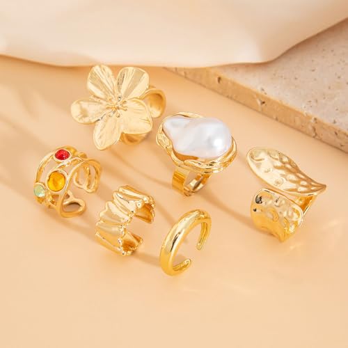 Gold Silver Chunky Ring Set for Women,Open Stacking Knuckle Statement Ring,Boho Flower Baroque Pearl Rings Set,Minimalist Aesthetic Rings Jewelry Gifts - color: Gold