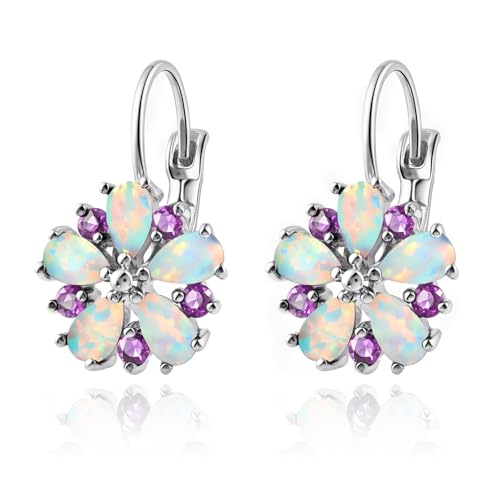 Vintage 14K Gold Plated Flower Birthstone Earrings - Hypoallergenic Leverback Floral Earrings, Trendy Jewelry Gifts for Women - color: Opal