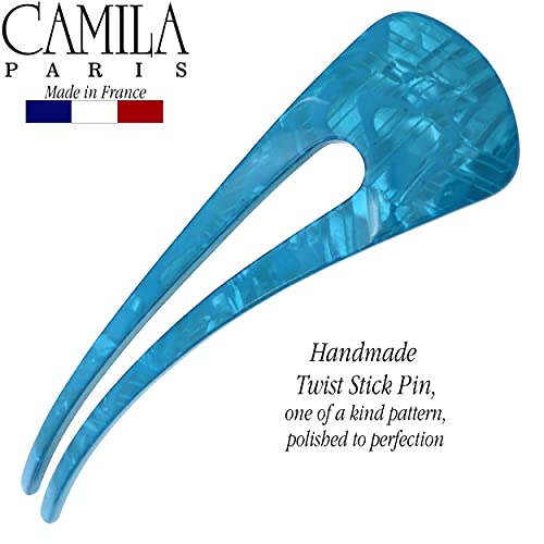 Camila Paris CP3165 French Twist Stick Clip Pins, Light Blue, Wavy Hair Pin U-Shaped Hair Fork for Girls Spiral Updo Chignon Bun Holder, Flexible Styling Hair Accessories for Women, Made in France - color: 2-Prong Light Blue