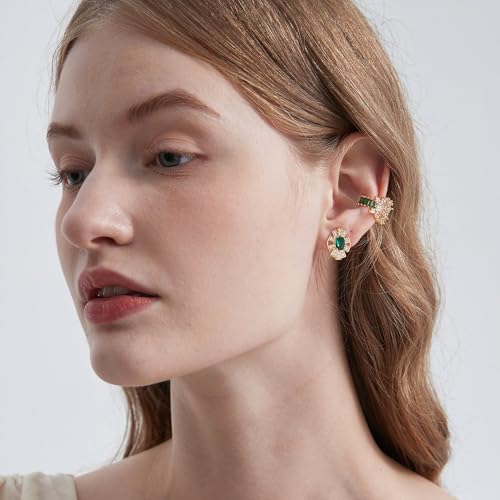 MTMY Gold Ear Cuff Earring for Women 14K Gold Plated Cubic Zirconia Non-Pierced Clip on Cartilage Chunky Ear Cuffs Hypoallergenic Jewelry - style: flower