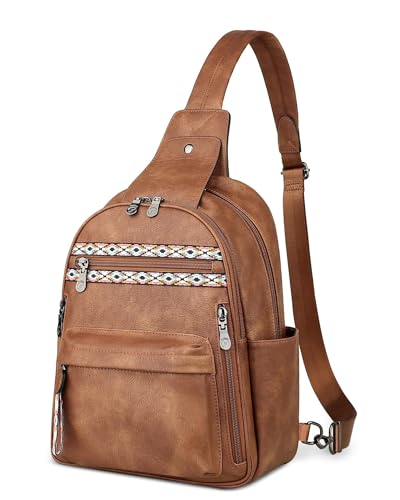 FADEON Large Sling Bag for Women, Leather Crossbody Purse Designer Anti Theft Sling Backpack, RFID Fanny Packs for Travel - color: 1 Brown Retro Style
