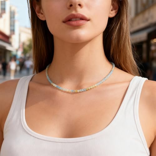 ZANNAH Gemstone Beaded Necklaces for Women - Boho Style Essential Necklace 15" + 3.14" Extender, Cute and Trendy Choker, Natural Stone Handmade Jewelry, Thoughtful Gifts for Women - color: Blue - Aquamarine