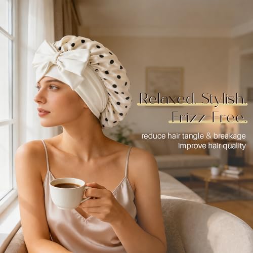 ZIMASILK 100% Mulberry Silk Bonnet for Sleeping Women Long Hair Double Layer Silk Hair Wrap with Tie Band Stay On Head (1Pc, Polka Dot) - color: Polka Dot