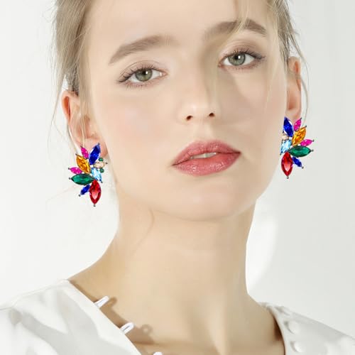 Bohemian Statement Sparkly Colourful Fancy Rhinestone Crystal Flower Dangle Drop Stud Earrings Vintage Wedding Bridal Prom Earrings for Women - color: Colorful