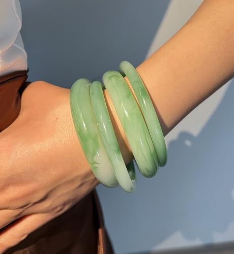 iF YOU 6pcs Chunky Acrylic Bangle Bracelets for Women, Resin Bamboo Brown Stretchy Bracelet Stack, Fashion Jewelry for Women - color: 4 Green bangles