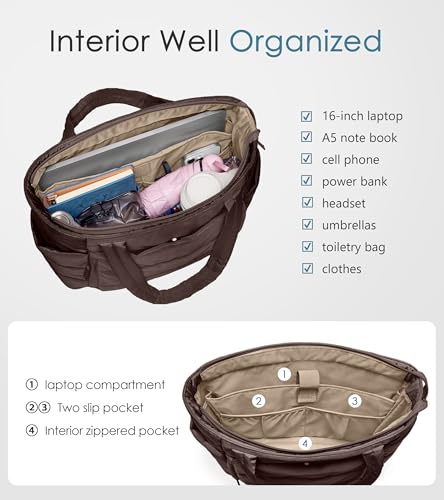 Tote Bag for Women with Zipper, Quilted Puffer Tote Bag with Compartments, Lightweight Puffy Work Bags for Women Travel - color: Dark Brown