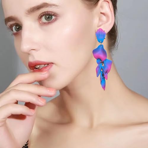 Long Acrylic Rose Petal Earrings Dangle Exaggerated Flower Earrings Drop Statement Floral Tassel Earrings for Women - color: Hot Pink + Blue