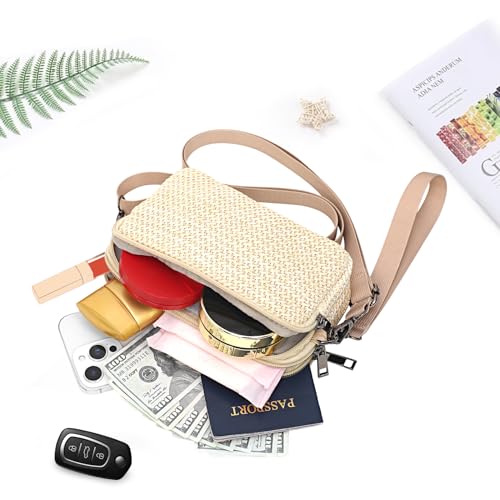 Small Wristlet Wallet for Women, 3-Zip Crossbody Phone Purse - color: Ivory/Pp Straw