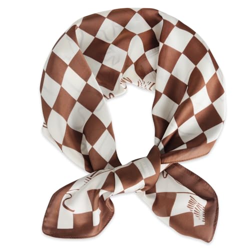 Relang Fashion Silk Satin Head Scarf for Women Hair Bandana Hair Scarf Wrap Neck Scarf for Women 27.5×27.5 inches - color: Beach Chessboard Brown