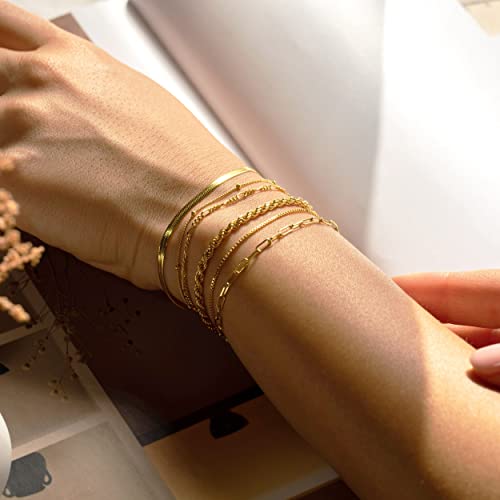 Dearmay Gold Bracelets for Women Waterproof, 14K Gold Plated Minimalist Bracelets Stack Non Tarnish Trendy Dainty Herringbone Vintage Cuban Paperclip Rope Thin Box Link Chain Stackable Jewelry Sets Modern Fashion Accessories Gifts for Womens - style: 6Pcs