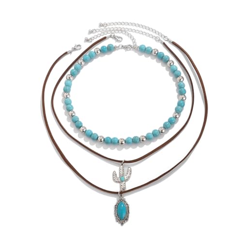 Fuqimanman2020 Boho Layered Western Necklaces for Women Cowgirl Cactus Turquoise Beaded Ox-head Hat Pendant Country Concert Jewelry - color: C