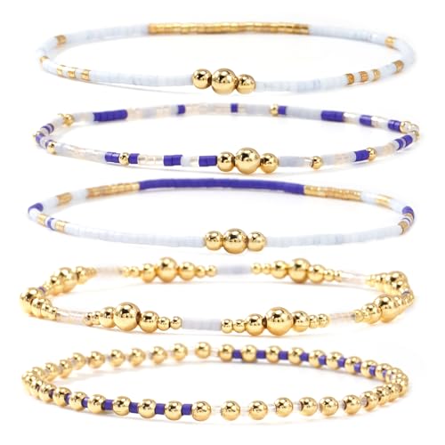 14K Gold Beaded Ball Stackable Bracelets for Women,Bohemian Stretch Colorful Seed Beads Bracelet Stack Fashion Holiday Jewelry Gift Friendship - color: Blue