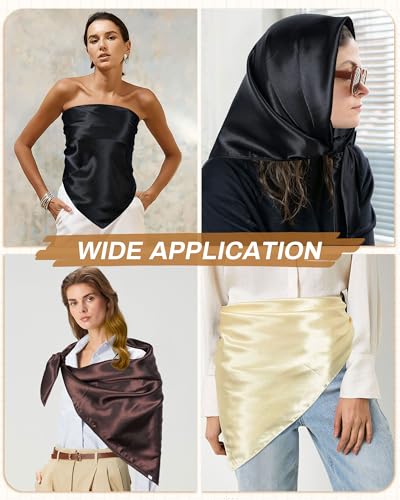 Mesovor 35” Square Head Scarf for Women, 3 Pack Like Silk Satin Headscarf Hair Neck Scarf Top Bandanas for Sleeping - color: Black + Dark Brown + Apricot