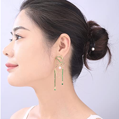 Unique Abstract Face Art | Dangle Statement Long Earrings for Women | Rhinestone Tassel Handmade Chandelier Earrings - color: Golden green diamond