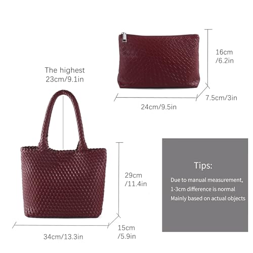 Hand Woven Bag Tote BagS For Women Top Handle Shoulder Vegan Leather Large Travel Beach Hobo Handbag - color: Burgundy