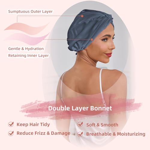 Adjustable Silk Satin Hair Bonnet for Sleeping Women, Double Layer, Silk Hair Wrap for Sleeping Women Men, Curly Natural Braid Straight Unisex - Slate Blue - color: Slate Blue