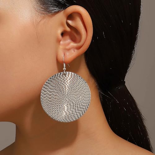 Anmpab Boho Large Disc Earrings for Women Vintage Geometric Hammered Round Circle Drop Dangle Earrings Statement Jewelry - color: Silver