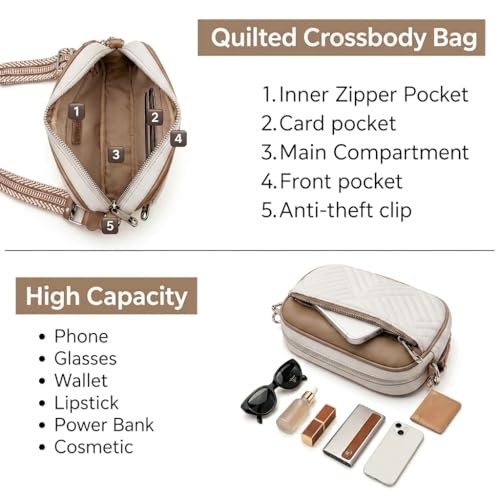 Vantamo Premium Quilted Crossbody Bags for Women with Anti-Pickpocket Clip, Vegan Leather Handbags, Travel Purses for Women - color: White & Stone With Jacquard Strap