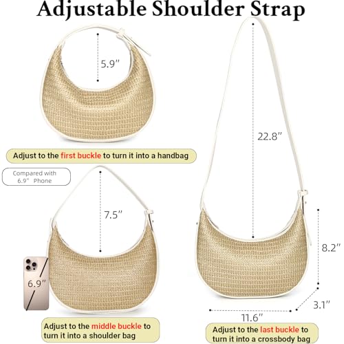 Herald Straw Crossbody Bag for Women Beach Woven Hobo Handbag Summer Chic Crescent Shoulder Purses with Adjustable Strap - color: Beige