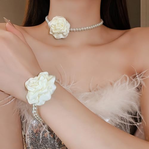Vintage Imitation Pearl Bracelet with Rose Flower Charm Dainty Pearl Wrist Band Boho Rose Hand Accessories for Women Bridal Wedding Prom Festival - color: Ivory