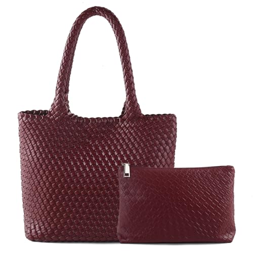 Hand Woven Bag Tote BagS For Women Top Handle Shoulder Vegan Leather Large Travel Beach Hobo Handbag - color: Burgundy