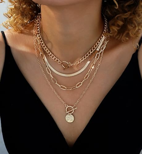 iF YOU Vintage Gold Layered Necklaces for Women Trendy, Chunky Cuban Link Paperclip Chains Necklace Stack, Coin Pendant Necklace Set Jewelry Gifts - style: 4-layer gold snake necklaces
