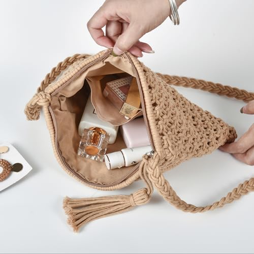 Eiyye Handmade Crochet Purse Boho Cotton Rope Crossbody Shoulder Bag with Tassel Casual Bag for Women - color: Light-brown