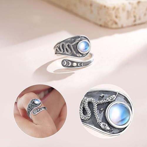 Vito 925 Sterling Silver Adjustable Open Spoon Ring for Women Men, Lotus Sunflower Snake Spoon Band Rings Feather Hug Witches Knot Inspirational Jewelry Gift for Wife - style: Snake