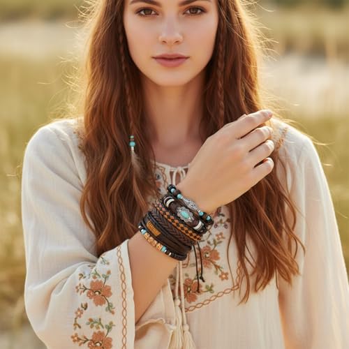 Turquoise Leather Western Bracelets for Women Men Bohemian Retro Turquoise Wrap Bracelets Exquisite Layered Stacked Cowboy Cowgirl Bracelet Western Country Concert Outfits Leather Cuff Bracelet for Women - style: Turquoise