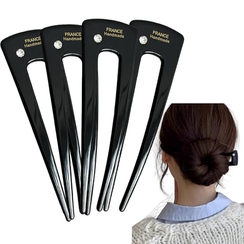 French Hair Clips 4-Pack Assorted Styles, U-Shaped Textured Hair Pins for Women with Black, Tortoiseshell, Leopard & Smoky, for Ponytail Bun Updo (Black) - color: Black