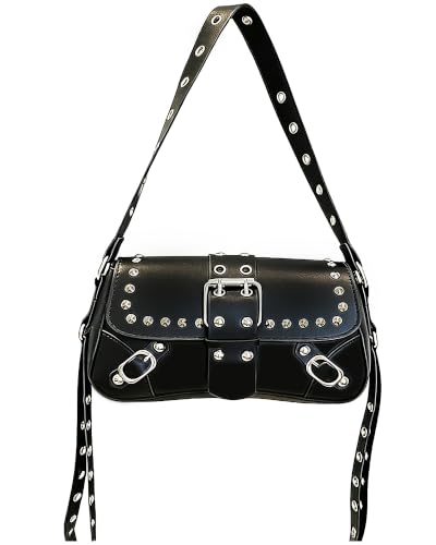 Y2K Trendy Purse for Women, Leather Buckle Punk Hobo Clutch Purses Bags for Ladies Top Handle Shoulder Bag - color: Black Silver