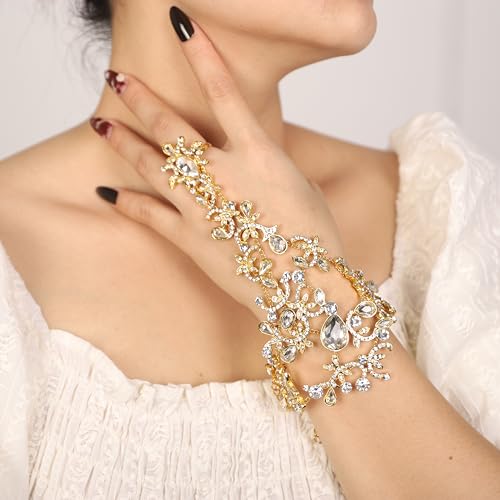 Denifery Rhinestones Finger Ring Bracelet Hand Chain Bracelets with Ring Slave Bracelets Boho Bangle Bracelets Wedding Hand Harness Hand Accessories for Women - color: Gold
