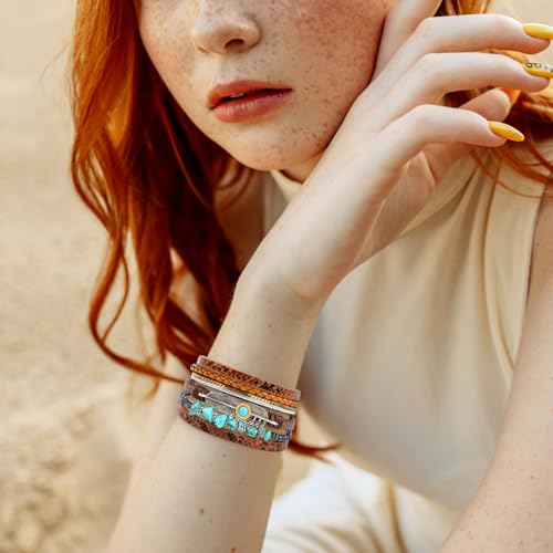 Fesciory Leopard Bracelet for Women, Boho Leather Wrap Multi-Layer Pearl Crystal Bracelet Bangle Jewelry - style: Feather(Brown)