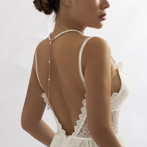 Rhinestone Back Chain Necklace for Women Bridal Wedding Sexy Rhinestone Backdrop Chain Waist Belly Chains Trendy Body Chains Jewelry - style: Pearl