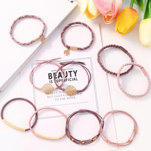 DIYDEC 10PCS Hair Ties Bracelet for Women 5 Styles Soft Braided Boho Hair Bands Elastic No Damage Hair Ties for Girls thick Thin Long Curly Hair Accessories(Pink) - color: pink
