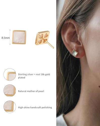S.Leaf Gold Stud Earrings for Women Sterling Silver Gold plated Hypoallergenic Shell Mother of Pearl Post Earrings for Women Birthday Gifts - color: C01_Shell_7mm_Gold