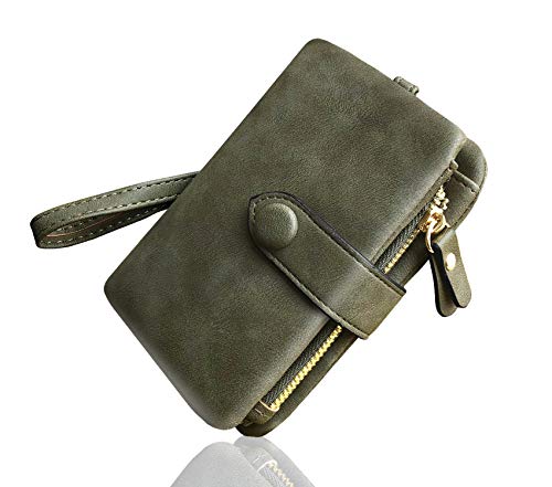 AOXONEL Women's Small Bifold Leather wallet Rfid blocking Ladies Wristlet with Card holder id window Coin Purse - color: Army Green