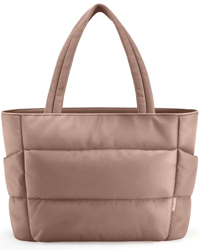 HOTOR Puffer Tote Bag for Women, Nurses - Multi-Pocket Lightweight Bag for Work - Quilted Handbag for Travel and Gym - color: Brown, size: 18.1" × 6.3" × 11.8"